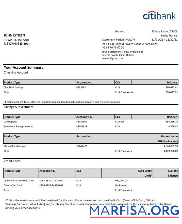Downloadable France Citibank bank statement excel sample
